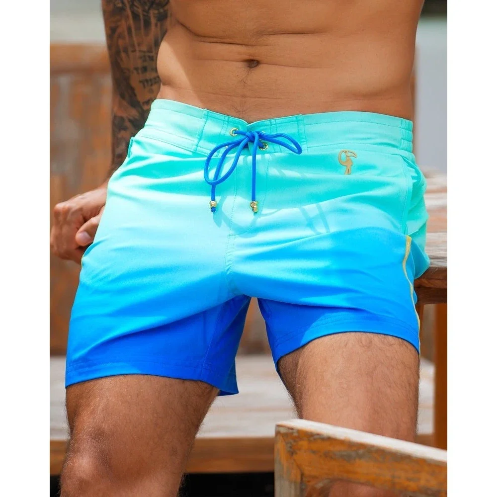 NEW Tucann Faded Ocean Swim Shorts Men Large 5 Inch Inseam Blue Teal Compression